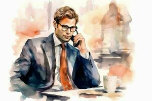 Illustration of a handsome businessman in a suit and glasses is talking on the phone in the office, watercolor. AI generative photo