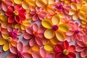 3D yellow and pink flowers layered forms, paper quilting pattern, vibrant colors. photo