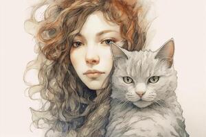 Sweet grey kitty with a heavy set woman with curly light brown hair with grey streaks in the style of line art and watercolor. AI generative photo