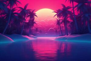 Persperctive background of a summer scene with water, palms and neon colors. photo