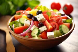 Greek salad vibrant colors bright summer photo hyper realistic high definition sharp.