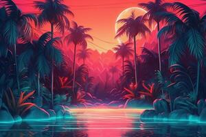 Persperctive background of a summer scene with water, palms and neon colors. photo