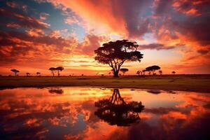 Vibrant colors of the African sunset. AI generative photo