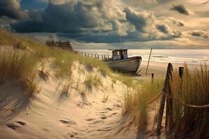 A photograph of a deserted beach with an old broken fence running along the dunes in the foreground and clusters of sea oats. AI generative photo