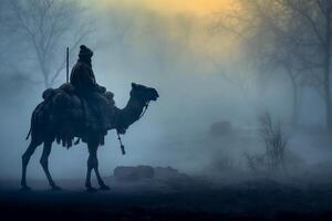 Soldier on a camel, foggy area, silhouette. photo