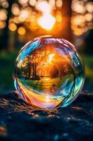 realistic colorful soap bubble in the morning sun. AI generative photo