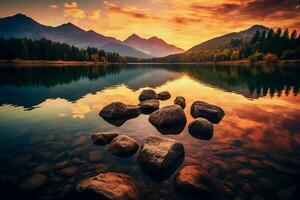 Picture a captivating scene of a tranquil lake at sunset. AI generative photo