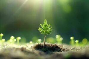 pequeño árbol creciente con Brillo Solar en jardín. eco concepto brillante, ai generativo foto