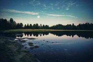 foto de lago con Luna reflexión. ai generativo