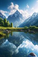 un calma lago rodeado por imponente montañas. ai generativo foto
