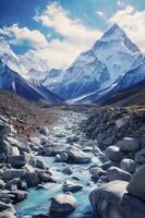 The base of mount everest from a rocky ground, in the style of light sky. AI generative photo