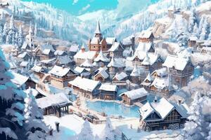 Snowing village, winter. photo