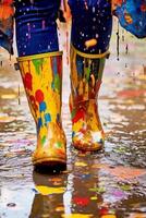 enfocar en en un par de brillantemente de colores lluvia botas salpicaduras mediante charcos ai generativo foto