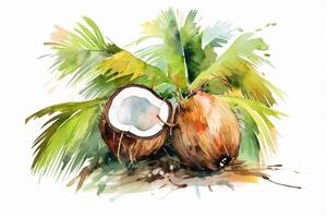 Quirky coconuts in palm trees in the style of watercolor painting, on a white background. photo