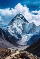 The base of mount everest from a rocky ground, in the style of light sky. photo