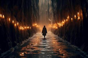 A dreamlike photograph of a person holding a candle, walking on a narrow path surrounded by a vast. photo