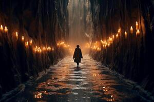 A dreamlike photograph of a person holding a candle, walking on a narrow path surrounded by a vast. AI generative photo