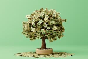 Money tree with dollars instead of leaves on a lightgreen empty background. photo