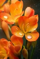 Fresco agua soltar en muchos fresia flores en Mañana suave ligero. ai generativo foto