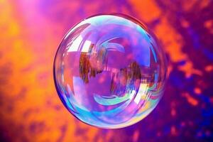 Iridescent soap bubble on multicolored background. AI generative photo