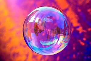 Iridescent soap bubble on multicolored background. photo