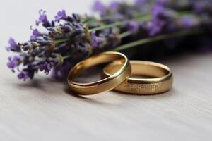 pequeño lavanda flores y dos Boda anillos ai generativo foto