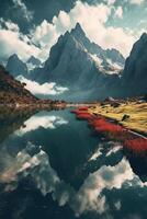 A calm lake surrounded by towering mountains. photo