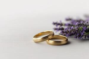 pequeño lavanda flores y dos Boda anillos ai generativo foto