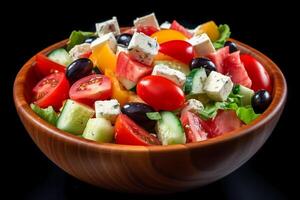 Greek salad vibrant colors bright summer photo hyper realistic high definition sharp.