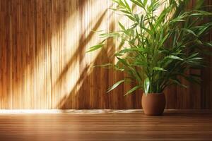 sunlight of tropical bamboo tree leaf shadow on brown wooden panel wall with wood grain. AI generative photo