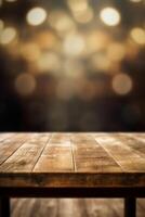 Empty wooden table top with blurred background. AI generative photo