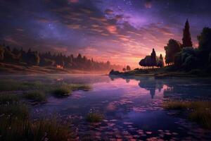 Dreamland's glowing lavender fields and iridescent forests bordering a serene. photo