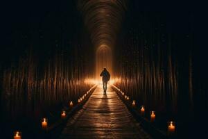 A dreamlike photograph of a person holding a candle, walking on a narrow path surrounded by a vast. AI generative photo