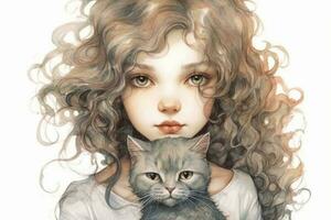 Sweet grey kitty with a heavy set woman with curly light brown hair with grey streaks in the style of line art and watercolor. AI generative photo