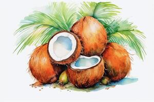 Quirky coconuts in palm trees in the style of watercolor painting, on a white background. photo