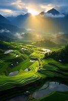 The sun rises over a hillside with grassy fields and an area with a hill. AI generative photo