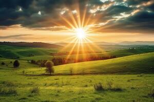 The sun rises over a hillside with grassy fields and an area with a hill. AI generative photo