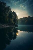 Photo of lake with moon reflection. AI generative