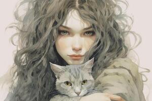 Sweet grey kitty with a heavy set woman with curly light brown hair with grey streaks in the style of line art and watercolor. AI generative photo