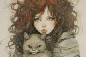 Sweet grey kitty with a heavy set woman with curly light brown hair with grey streaks in the style of line art and watercolor. AI generative photo