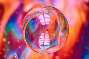 Iridescent soap bubble on multicolored background. AI generative photo