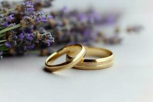 pequeño lavanda flores y dos Boda anillos ai generativo foto