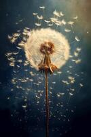 Dandelion seeds, tumbling through the air. AI generative photo