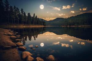 foto de lago con Luna reflexión. ai generativo