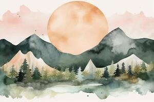 Watercolor boho style mountain landscape, minimalistic, vintage with muted colors. photo