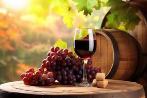 A barrel of wine sits on a table with a bunch of grapes in the background, copyspace, photo