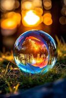 realistic colorful soap bubble in the morning sun. photo