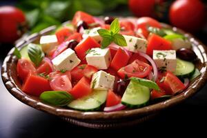 Greek salad vibrant colors bright summer photo hyper realistic high definition sharp.