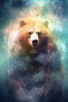 3D visual effects, fog scapes, bear. AI generative photo
