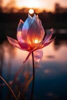 Macro photography of an epic sunset at a beautiful scenic lake as seen through the translucent petal of a flower blooming in the grass. photo